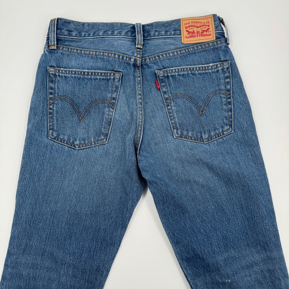 Levis 544 Straight Distressed Medium Wash Denim Jeans Raw Hem Size 27 Sample Tag - Picture 13 of 16